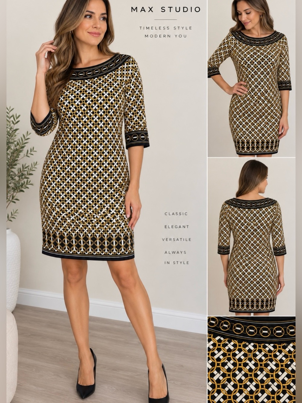 Max Studio Women’s Black and Gold Patterned Knit Sheath Dress Size 6